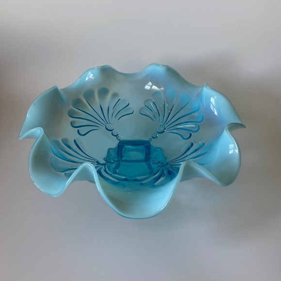 Antique Beaded Fans Blue Jefferson Glass Candy Dish Opalescent Circa  1905 - Picture 2 of 8